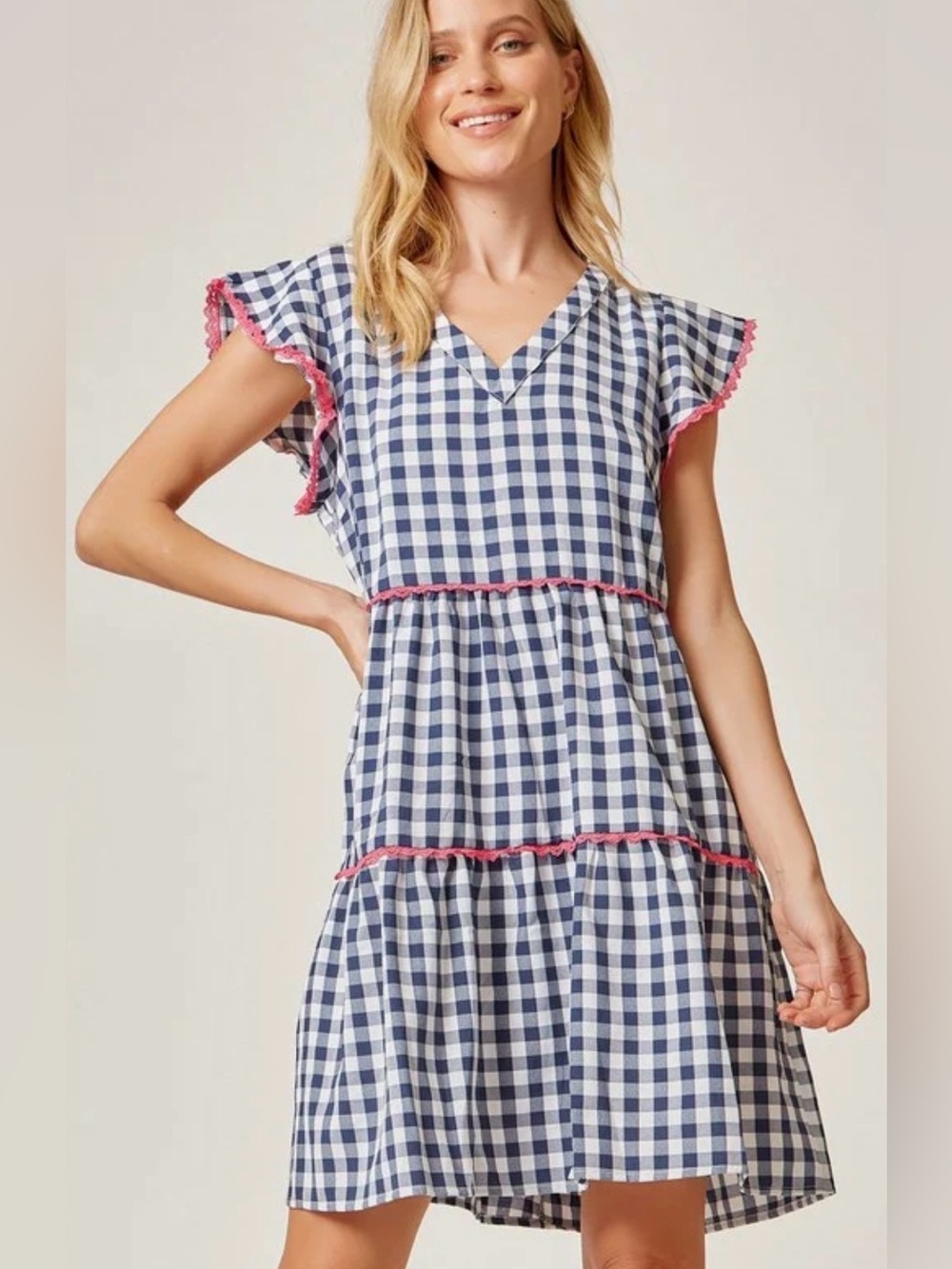 ANDREE BY UNIT Blue and White Gingham V-Neck Tiered Mini w:Pink Trim #1308